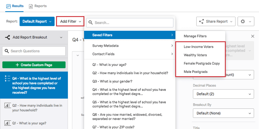 Selezione di un filtro dal menu dei filtri salvati