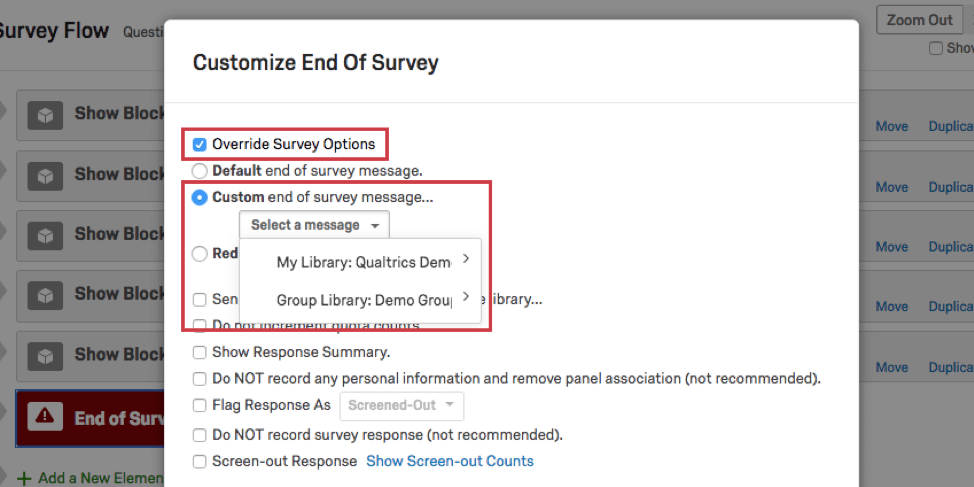 Options for customizing the end of survey message