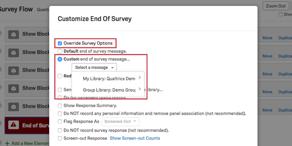 Opções para personalizar a mensagem de fim da pesquisa