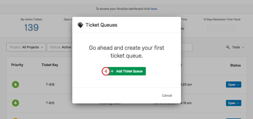 Add Ticket Queue button in green