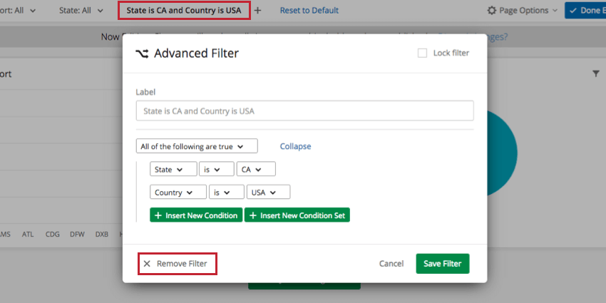 Geöffneter Filter mit Schaltfläche Filter entfernen unten links