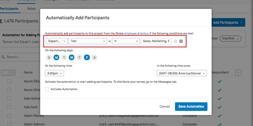 The condition as described set inside the Participant Import window