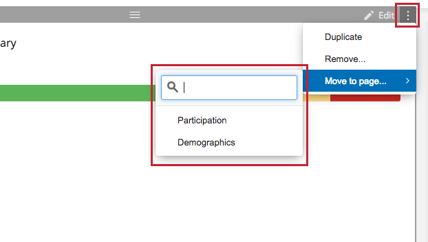 Trois points verticaux dans le coin supérieur droit du widget permettent d’afficher une option pour déplacer le widget vers une autre page, que vous pouvez sélectionner dans le menu développé