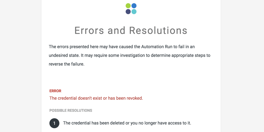 Image of an example of a failed run email with suggestions of how to resolve the failure