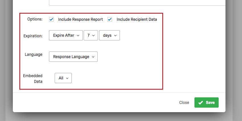 Image montrant les options de personnalisation du rapport de réponse