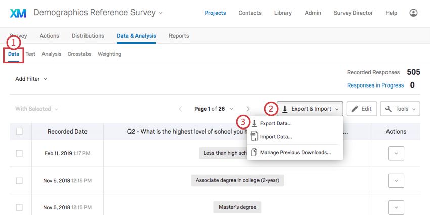 Data & Analysis tab of a specific project. Export Data option in the Export & Import dropdown menu