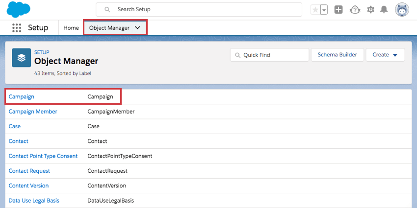 Gestionnaire dobjets sélectionné, campagin apparaît dans la liste qui souvre