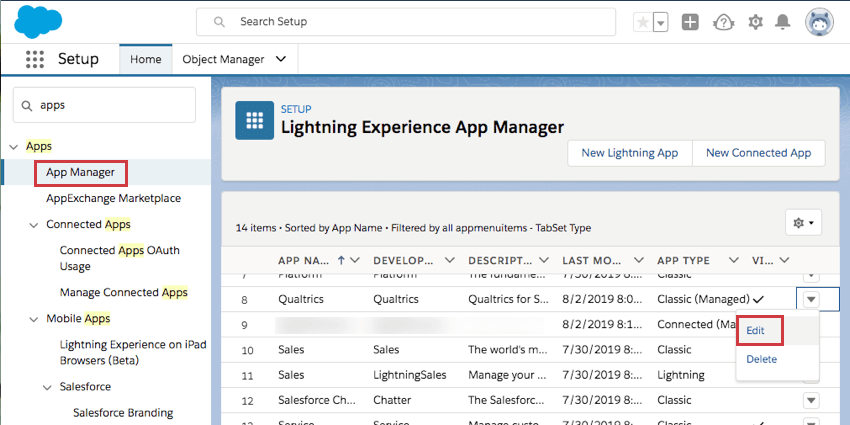 Gestionnaire dapplications sélectionné à gauche ; la flèche déroulante vers lextrême droite de qualtrics affiche une option de modification.