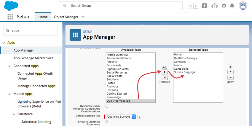 Qualrics vocaliser dans la zone de table disponible en passant à la case de droite étiquetée onglets sélectionnés