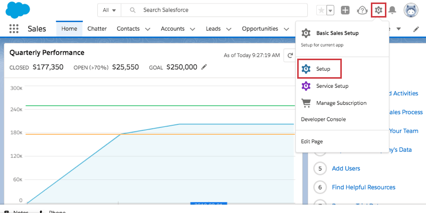 Clic et développement en haut à droite ; la configuration est le deuxième choix vers le bas avec un autre engrenage bleu à côté.