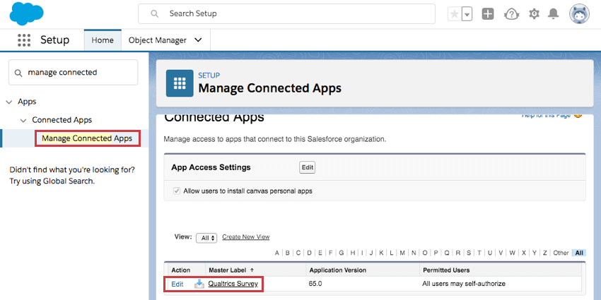 Gérer les applications connectées sélectionnées à gauche, l’enquête Qualtrics dans la liste au centre de la page avec la modification à droite à gauche