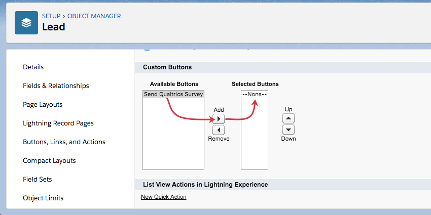 Envoyer lenquête Qualtrics dans la colonne de gauche, la flèche pointant vers la droite, puis une autre case nommée Boutons sélectionnés