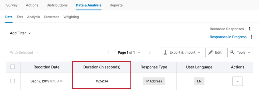 Duration in the data tab of data and analysis