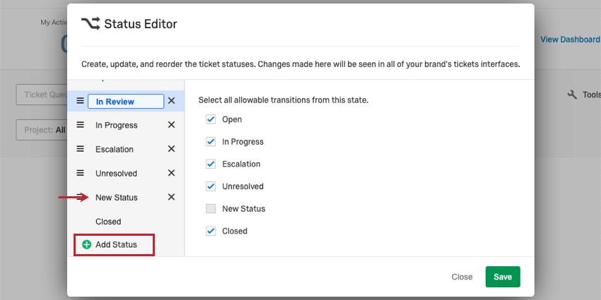 Status editor window opens over ticket page. There's an add ticket status button wit green bottom-left of window