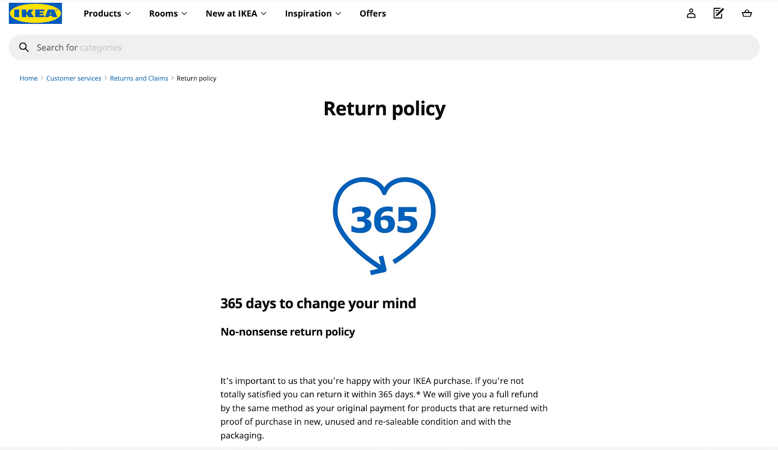 Ikea return policy page