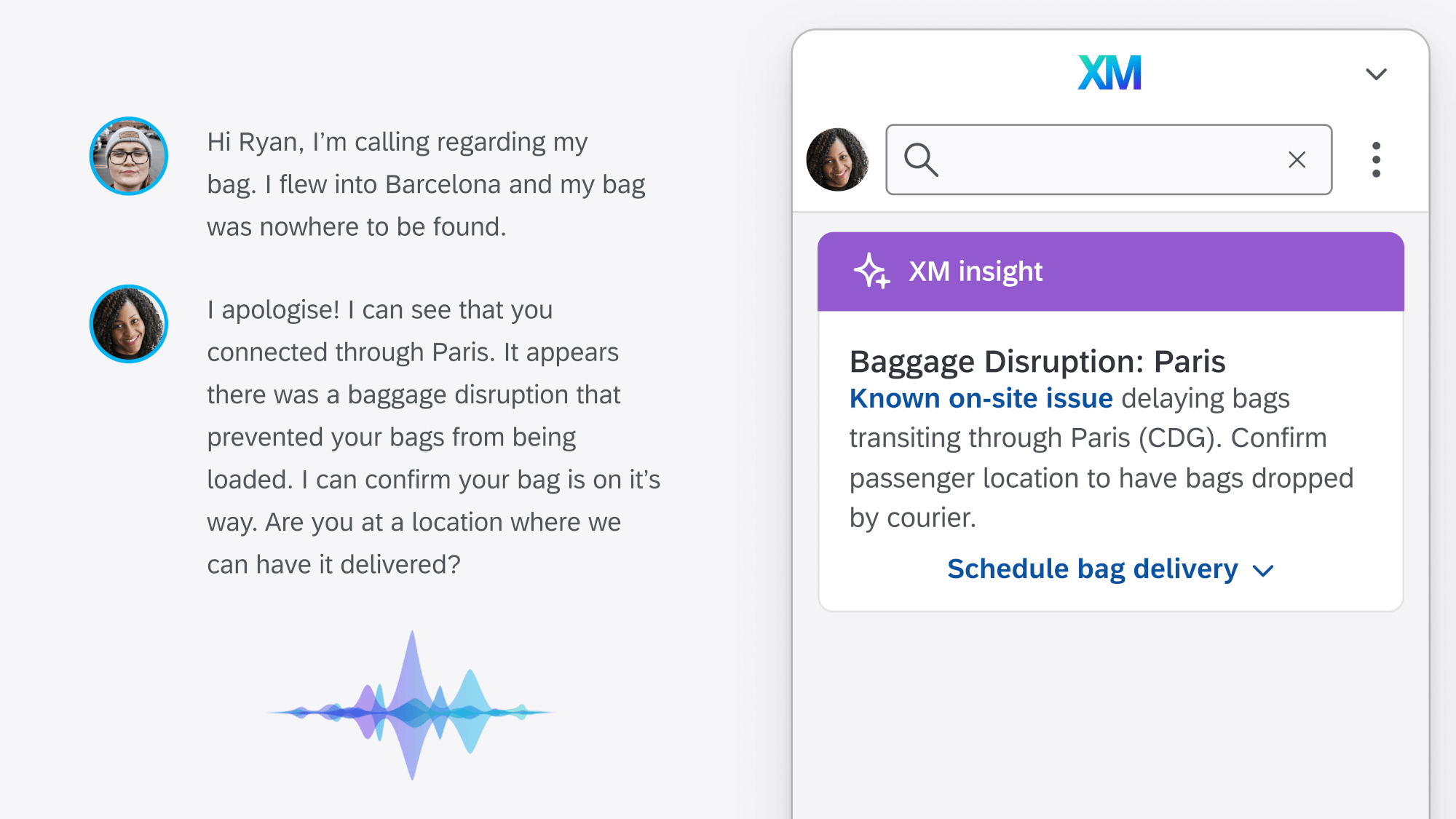 Contact center agent interacting with a customer, showing how AI can be used to draw quicker insights.