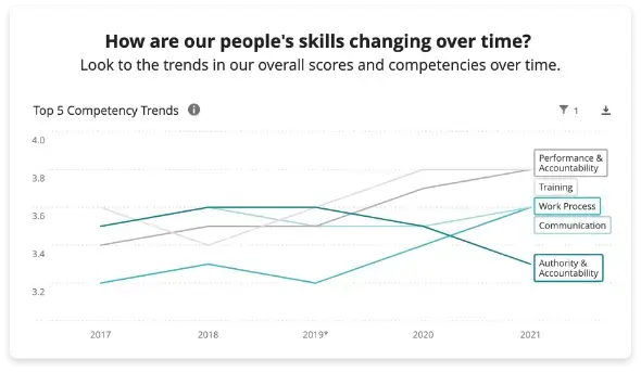 Multiple bar charts next to each other showing core competencies and skill gaps