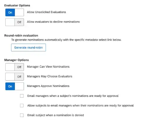 Image of toggles showing evaluator option and manager options within platform