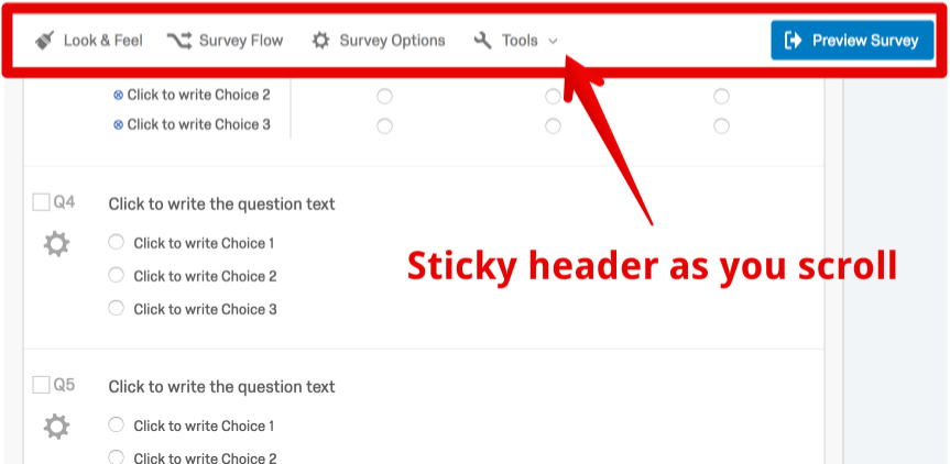 Sticky header question editor