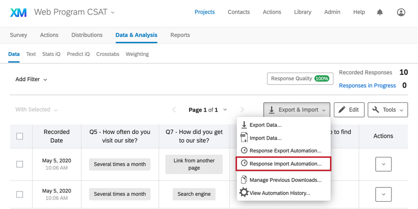 Inside the data and analysis tab of a survey project, the export / import menu is expanded to show an import automation option