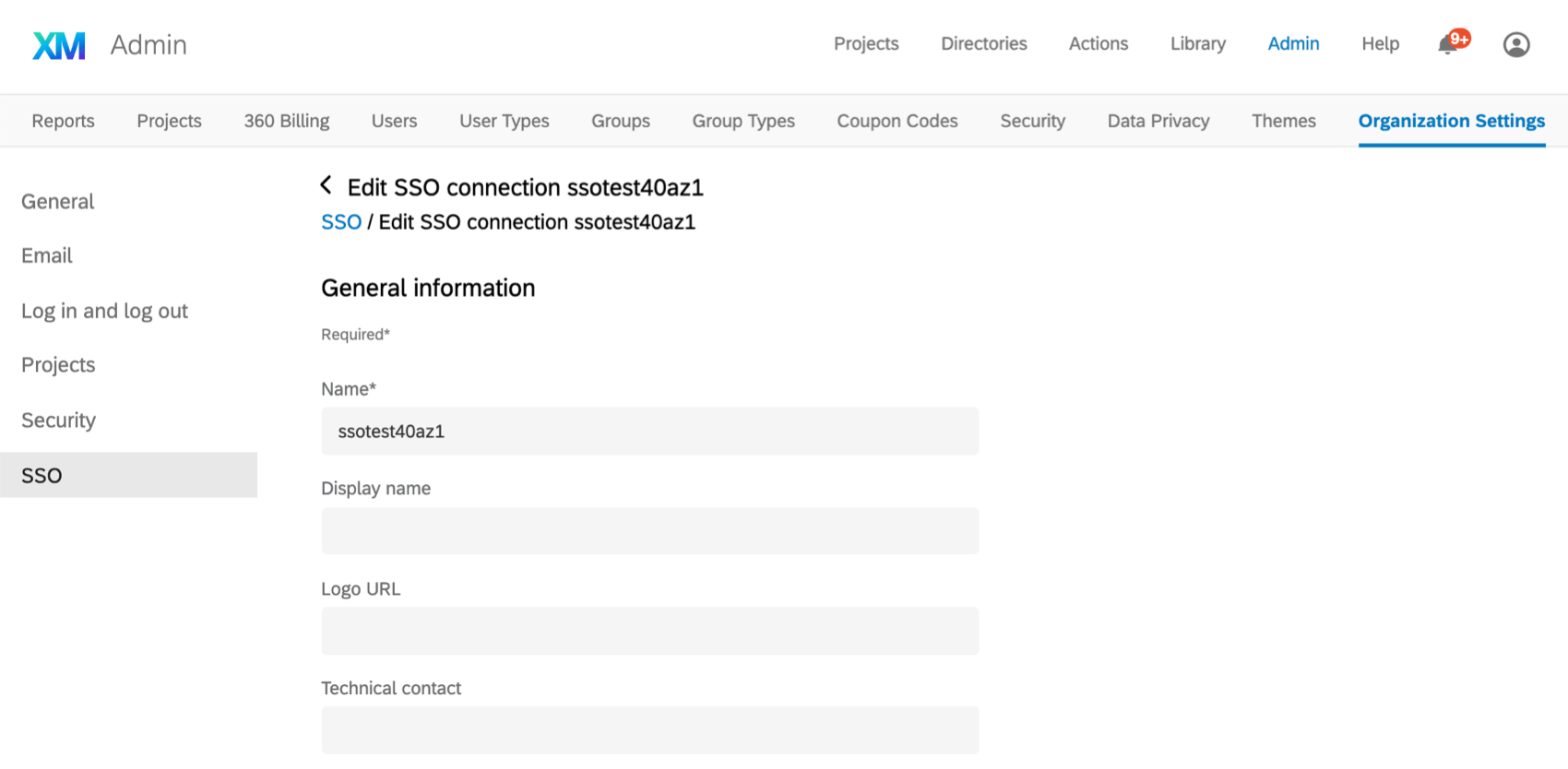 New SSO tab inside Org Settings. Filling out fields to create a SAML connection