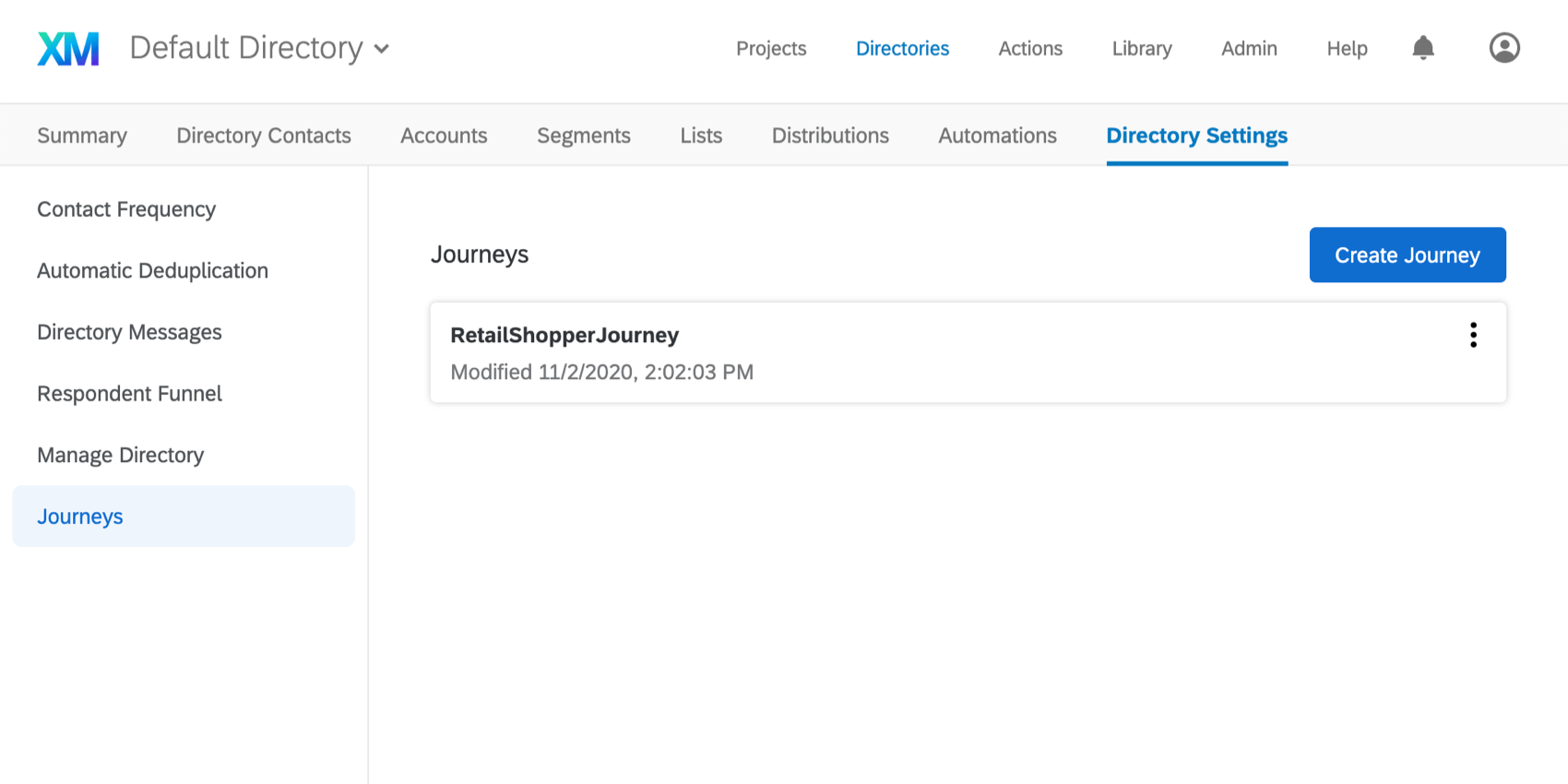 An image of where Journeys are configured in XM Directory