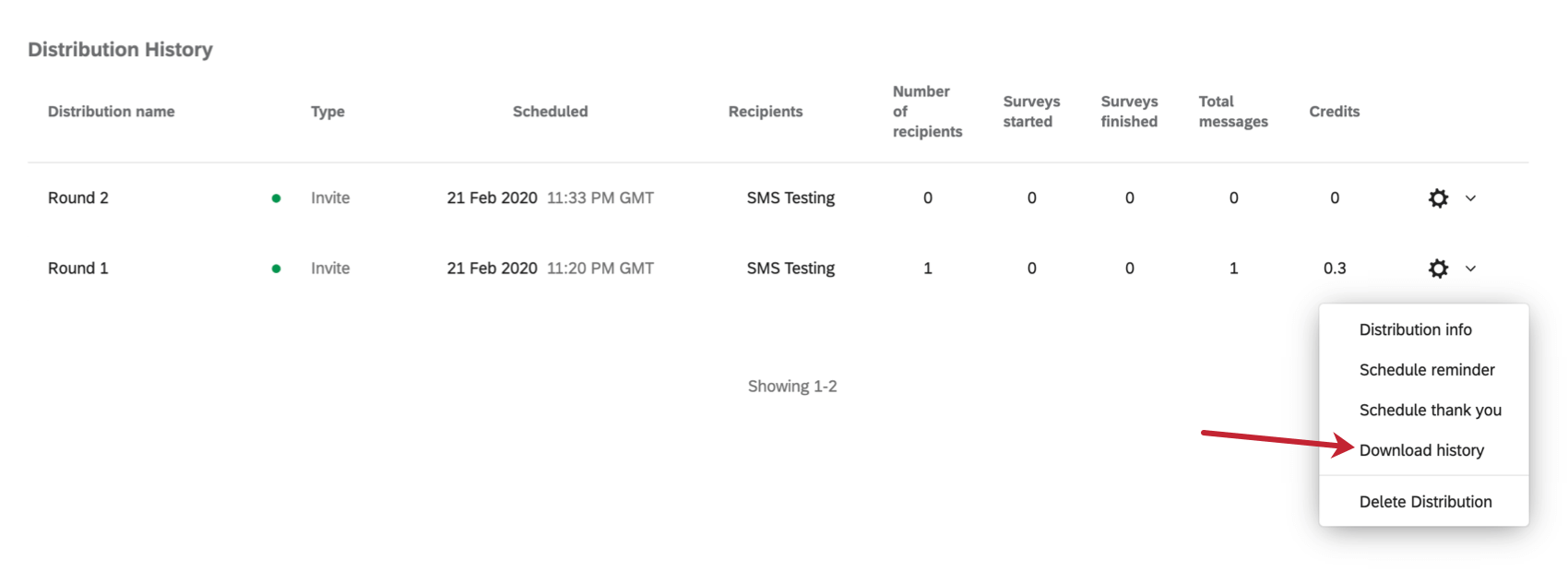 SMS distribution expanded to show download history option