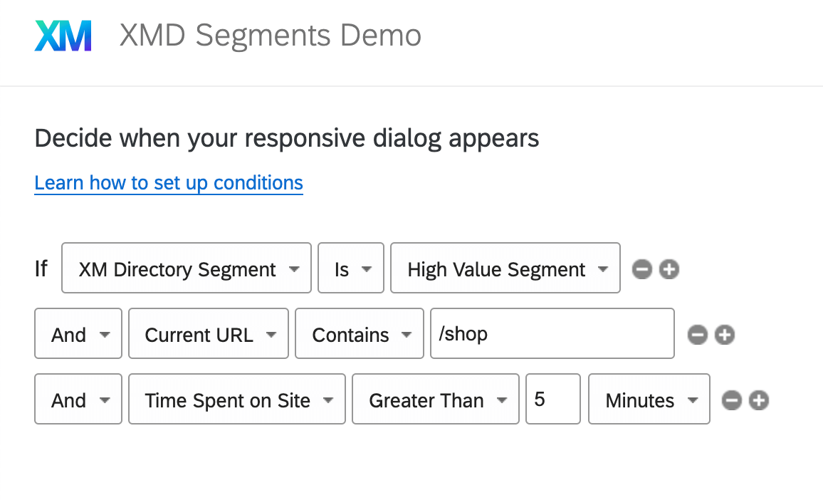 Configuring intercept targeting conditions, and seeing options for XM Directory segments