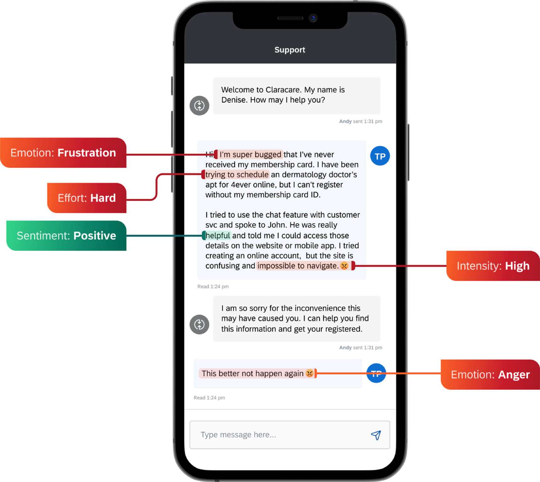 Mobile screenshot showing how Clarabridge identifies emotion and sentiment in text analysis