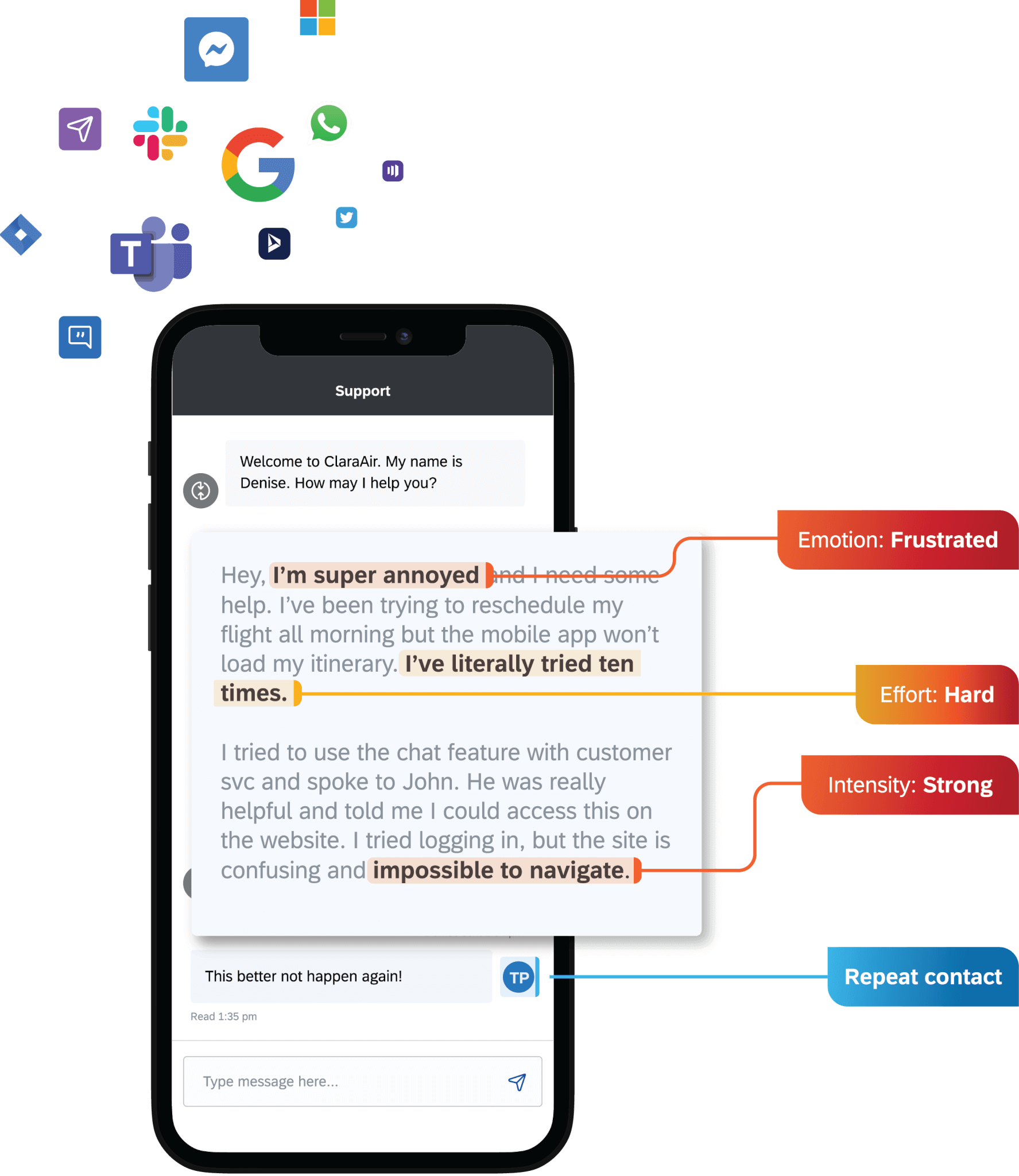 Mobile screenshot of support chat showing emotion and sentiment analysis