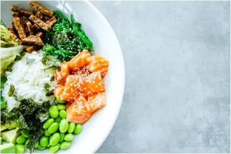 A healthy balance meal in a white bowl. 