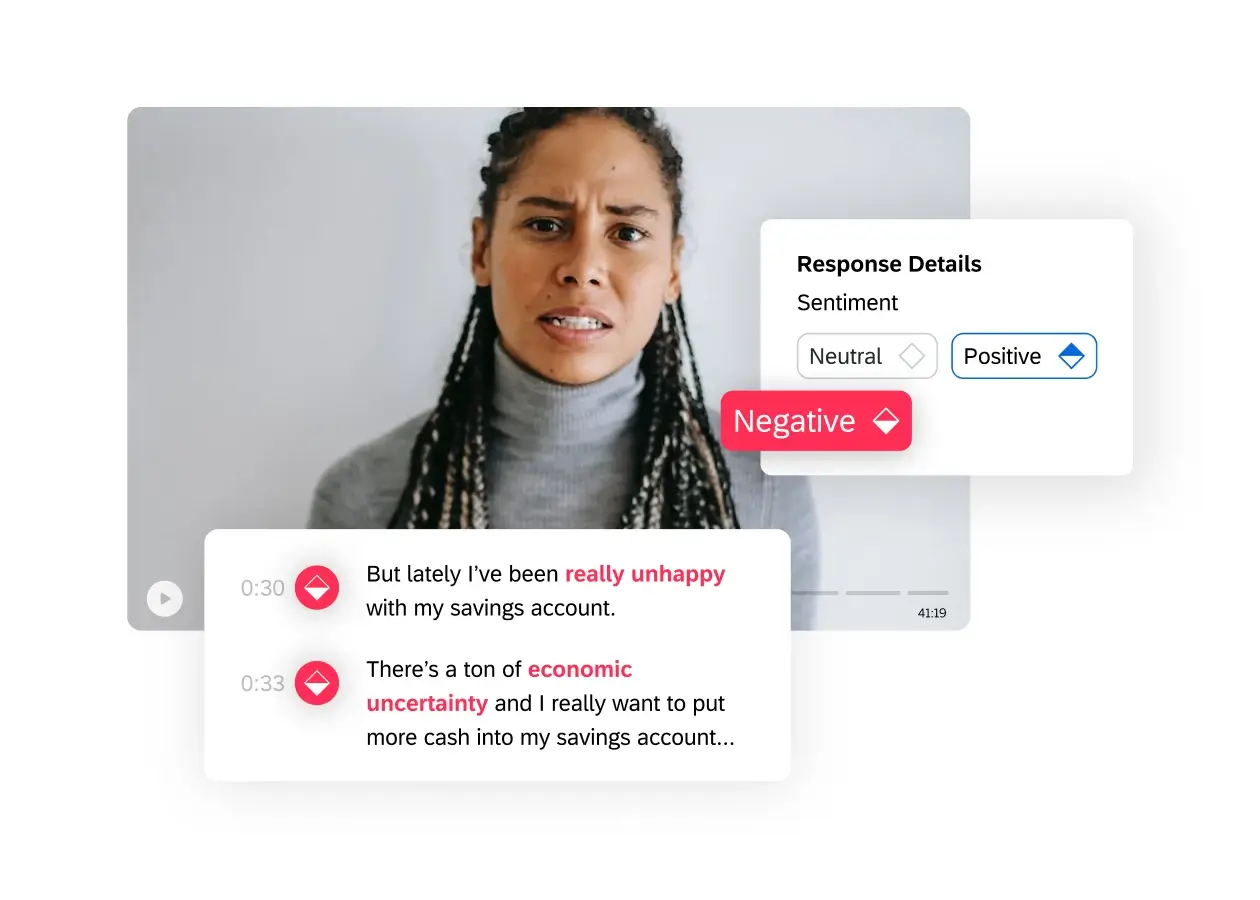 video image of customer and her responses tagged if they are negative or not