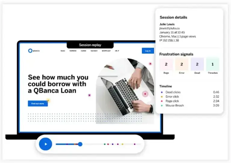 Session replay analytics on banking website.