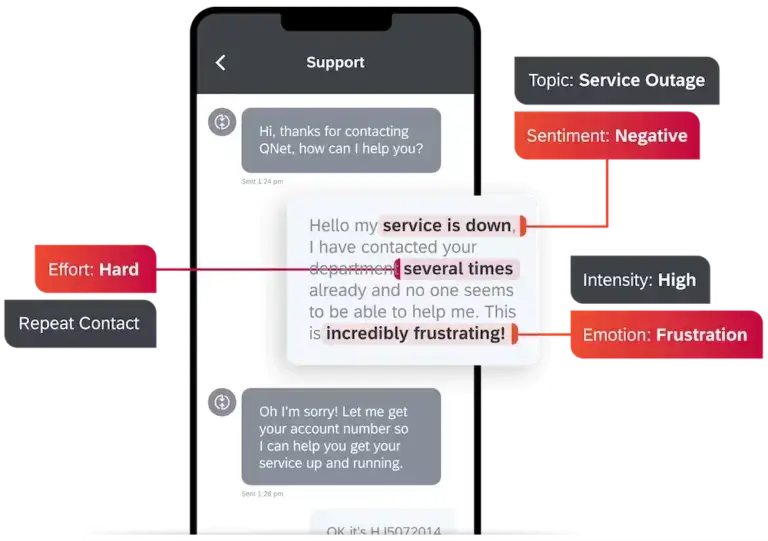 screenshot of live customer support conversation and sentiment