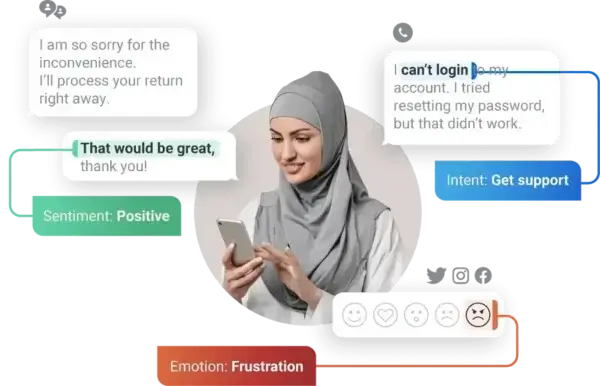 Analysis of customer support conversation with a woman on her phone.