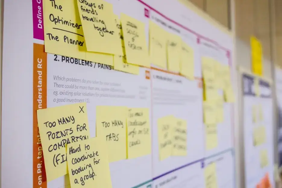 Whiteboard with a multitude of post its containing notes