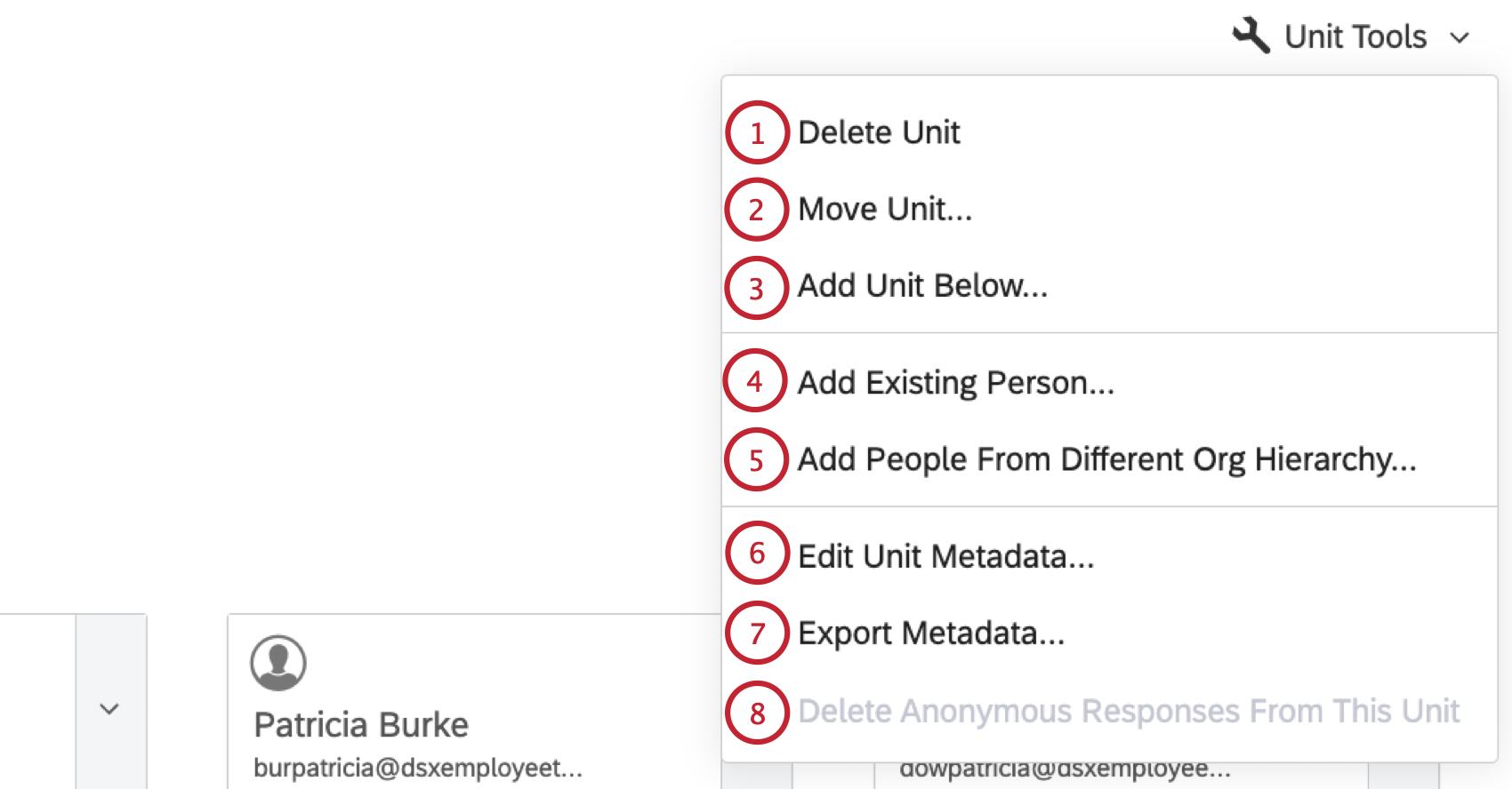 the Unit Tools menu expanded to show all options