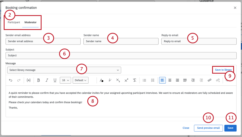 email editor where you add email address, subject, and message, with a tab for participant vs. moderator emails