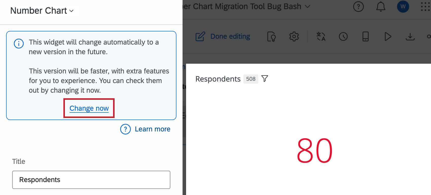 "Change now" text highlighted when a legacy number chart widget is being edited in a dashboard