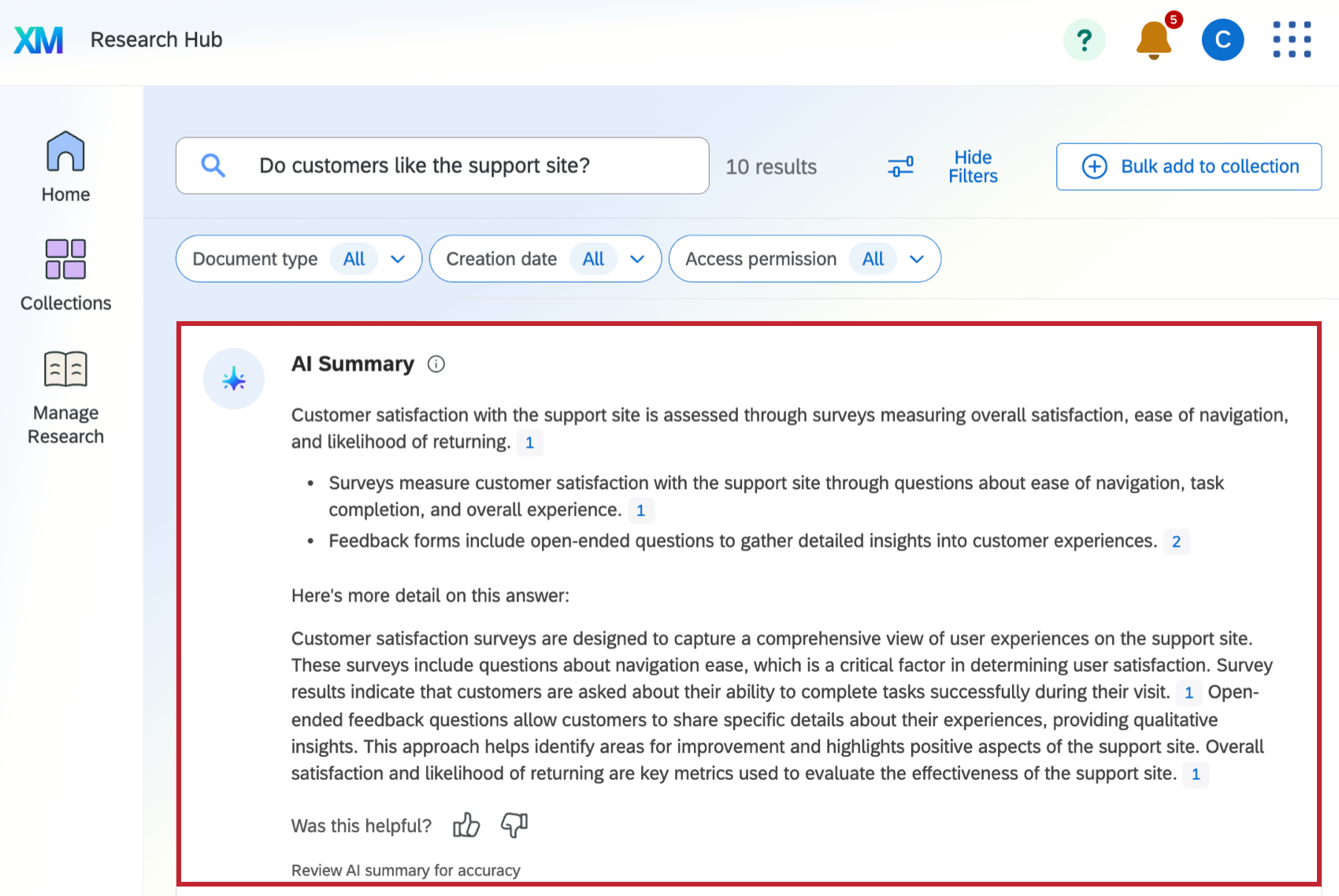 ai summary highlighted underneath the search bar in research hub