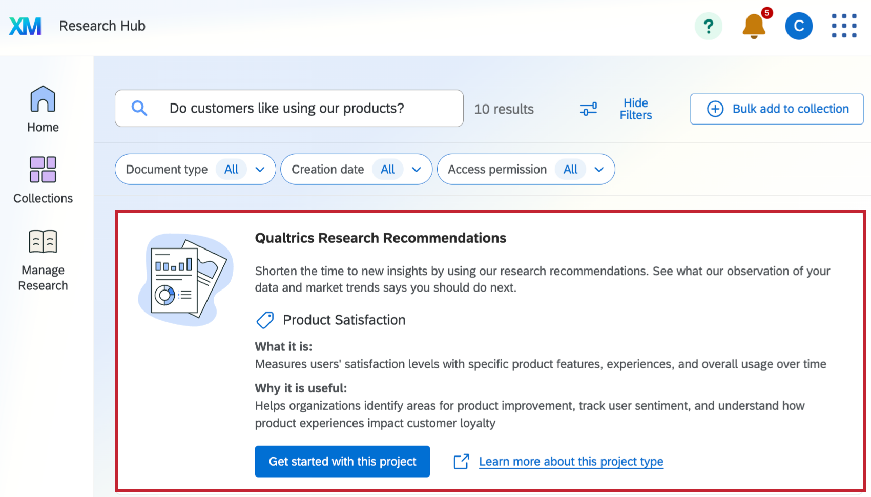 recommendations within research hub highlighted underneath the search bar