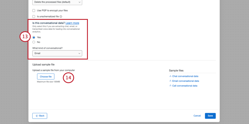 conversational data and file upload options
