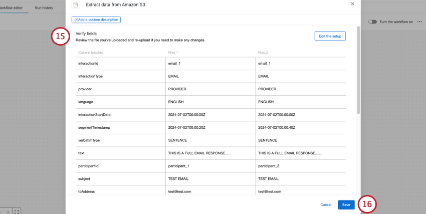 window that previews the columns of data before you finish workflow setup