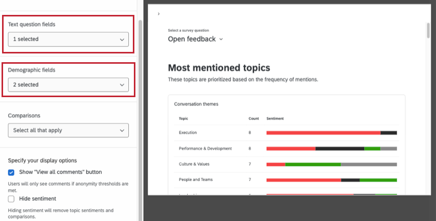 comment summaries widget in editing mode, so you can see the pane with settings on the left