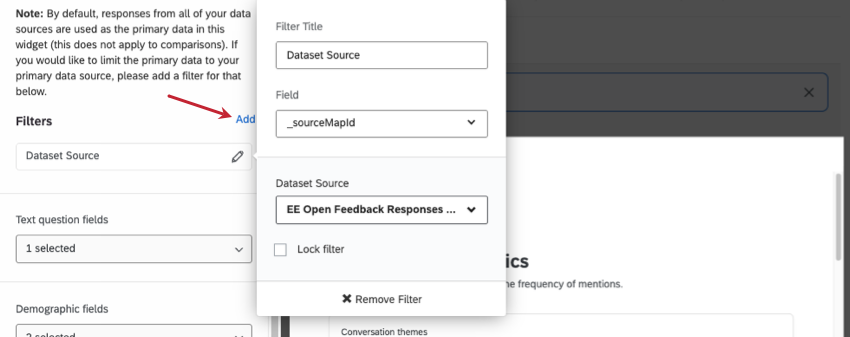 editing pane shows the same warning as well as a dataset source filter