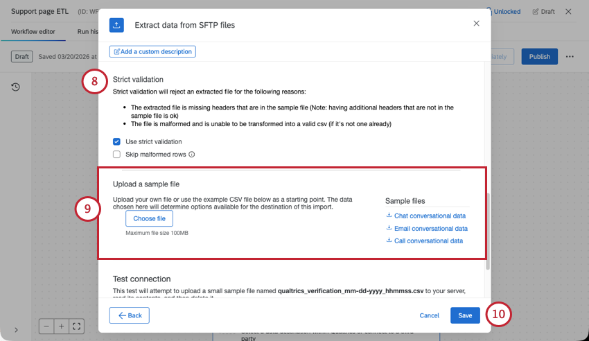 validation and sample file settings in the extract files from SFTP task