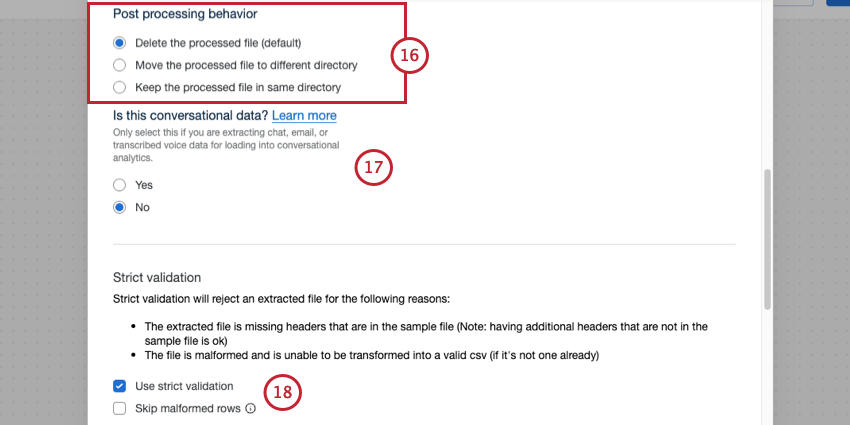 post processing behavior, conversational data, and validation settings