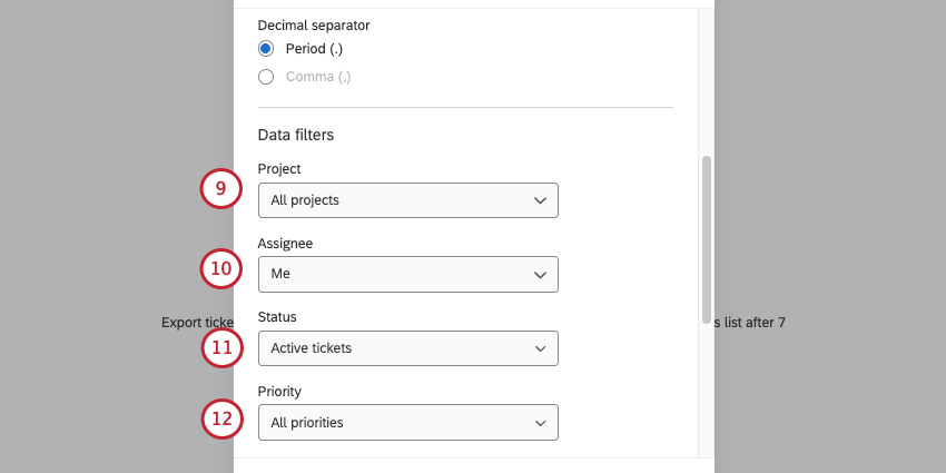data filters in the ticket export modal, including project, assignee, status, and priority