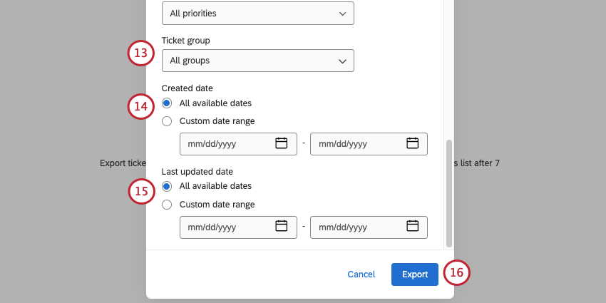 last options at the end of the export ticket modal, including date filters and the export button at the very bottom