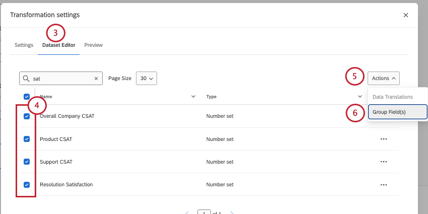 new modal opens called transformation settings where you can select fields